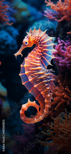 blue and neon seahorse and corals wallpaper, dark orange and light magenta, psychedelic neon created with Generative Ai © Andrii Yablonskyi