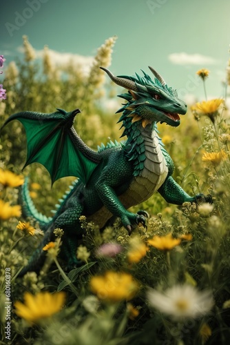 A beautiful green dragon in a flower field. The year 2024 is the concept. © liliyabatyrova