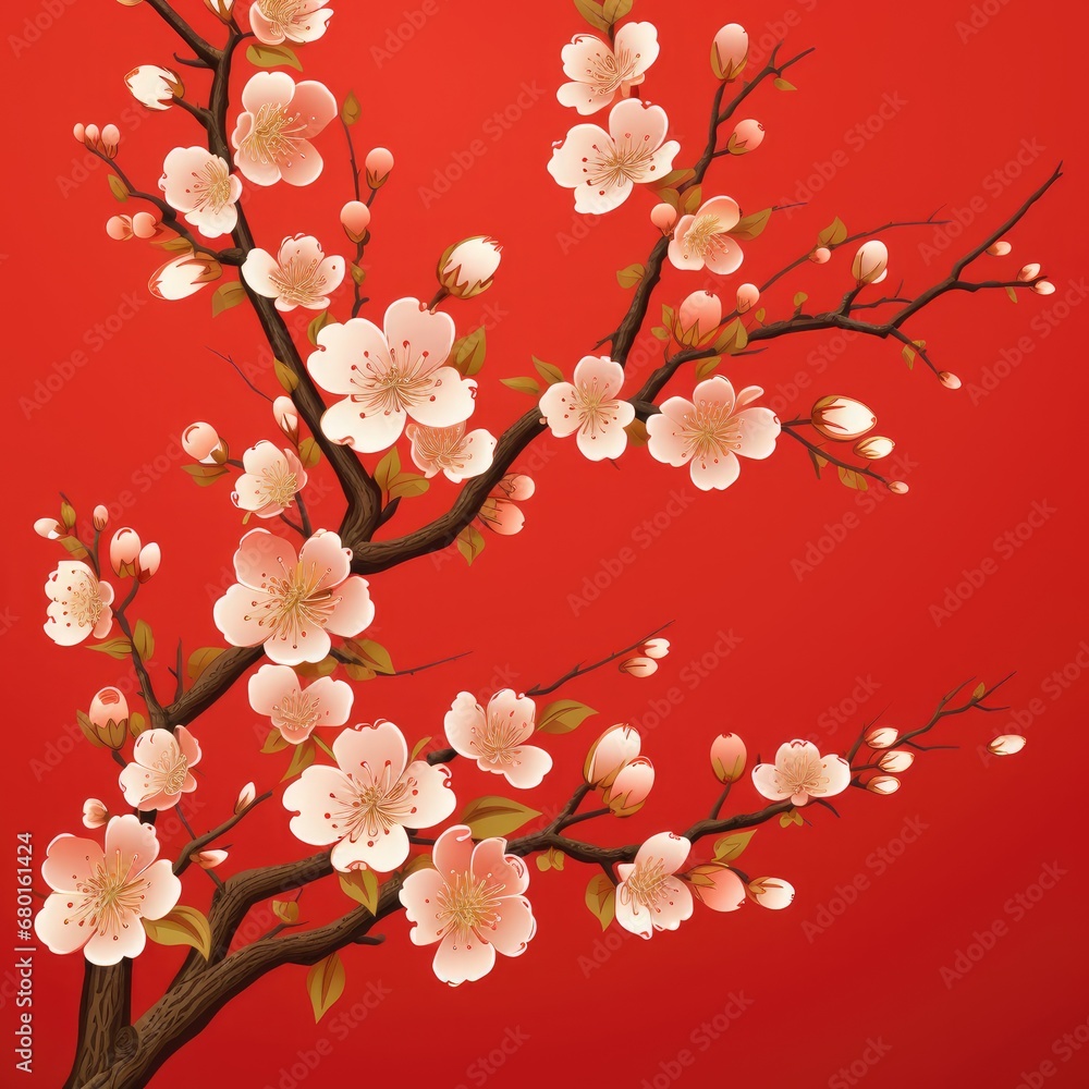 Illustration of peach blossoms with golden border on a luxurious red background, classic Chinese, Japanese style for the new year