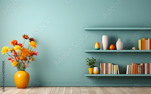 Floating shelf and colorful flower vase with empty blank wall with copy space