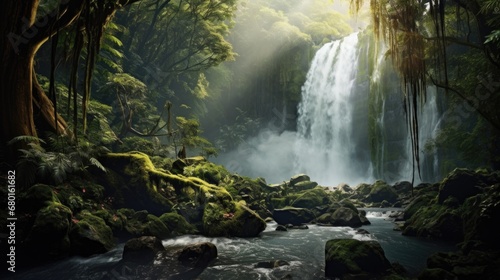 Majestic waterfall pours amidst sunlit forest. Serene and natural landscape. © Postproduction