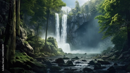 Cascading waterfall with rays of sunlight in dense green forest. Tranquil wilderness setting.