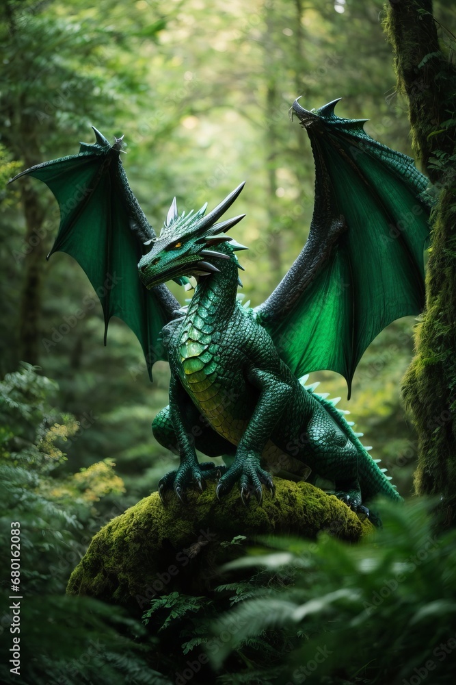 A beautiful green dragon with wings spread and mouth open in the forest.