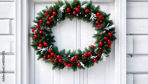 christmas wreath on the door, Frosty Elegance White Door Adorned with a Christmas Wreath