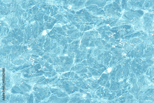Defocus blurred transparent blue colored clear calm water surface texture with splashes reflection. Trendy abstract nature background. Water waves in sunlight with copy space. Blue watercolor shine.