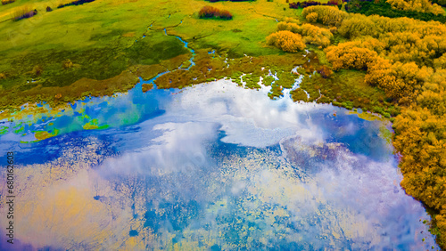 Argentine Patagonia wetland in autumn, from the air drone, lagoon peat 2