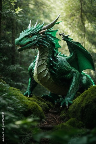 A beautiful green dragon with wings spread and mouth open in the forest. © liliyabatyrova