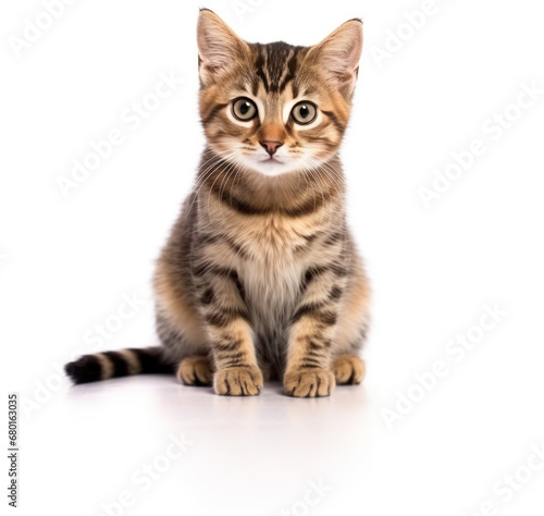Cute tabby kitten on the white background..