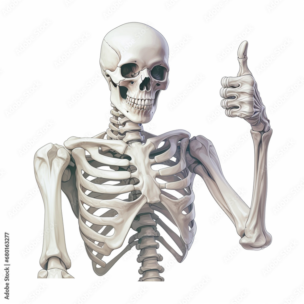 White skeleton thumbs up, white background created with Generative Ai White skeleton thumbs up, white background created with Generative Ai