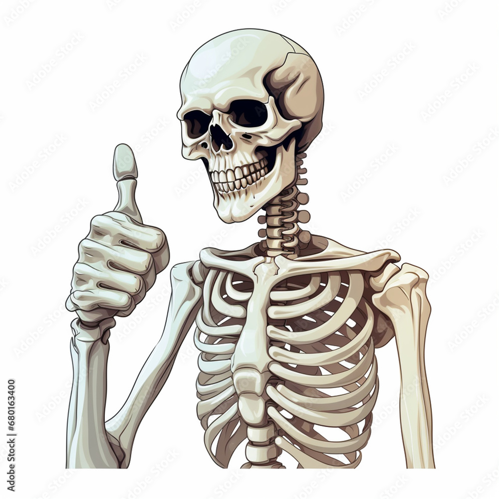 White skeleton thumbs up, white background created with Generative Ai White skeleton thumbs up, white background created with Generative Ai