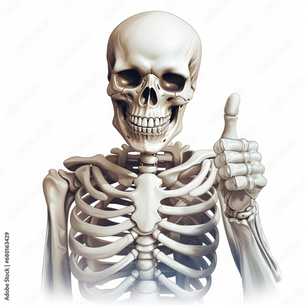 White skeleton thumbs up, white background created with Generative Ai White skeleton thumbs up, white background created with Generative Ai