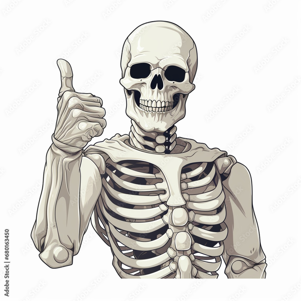 White skeleton thumbs up, white background created with Generative Ai White skeleton thumbs up, white background created with Generative Ai