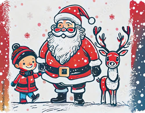christmas and snow with santa claus and children and deer © MuhsinTpd