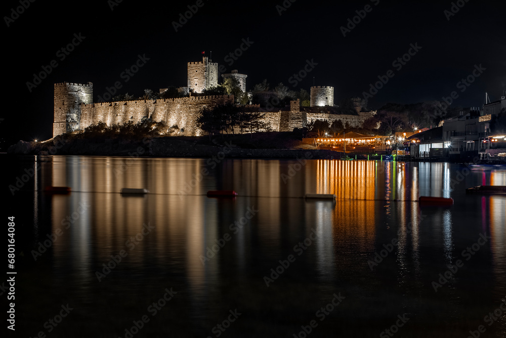 Bodrum Castle photographed on the beach at night