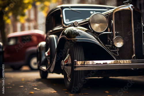 Vintage car parked in city street with retro style. © gographic