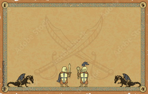 Medieval Parchment with Knights, Dragons, Crossed Sabres