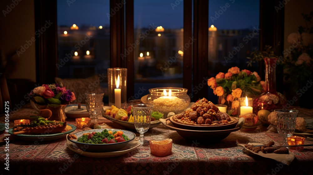 Table with traditional food. Ramadan celebration.