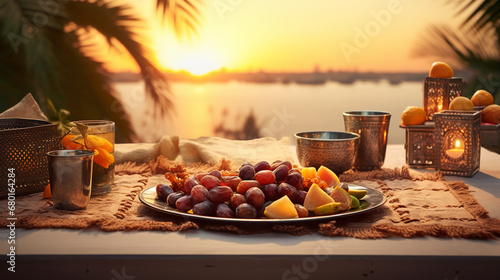 Table with traditional food. Ramadan celebration. photo