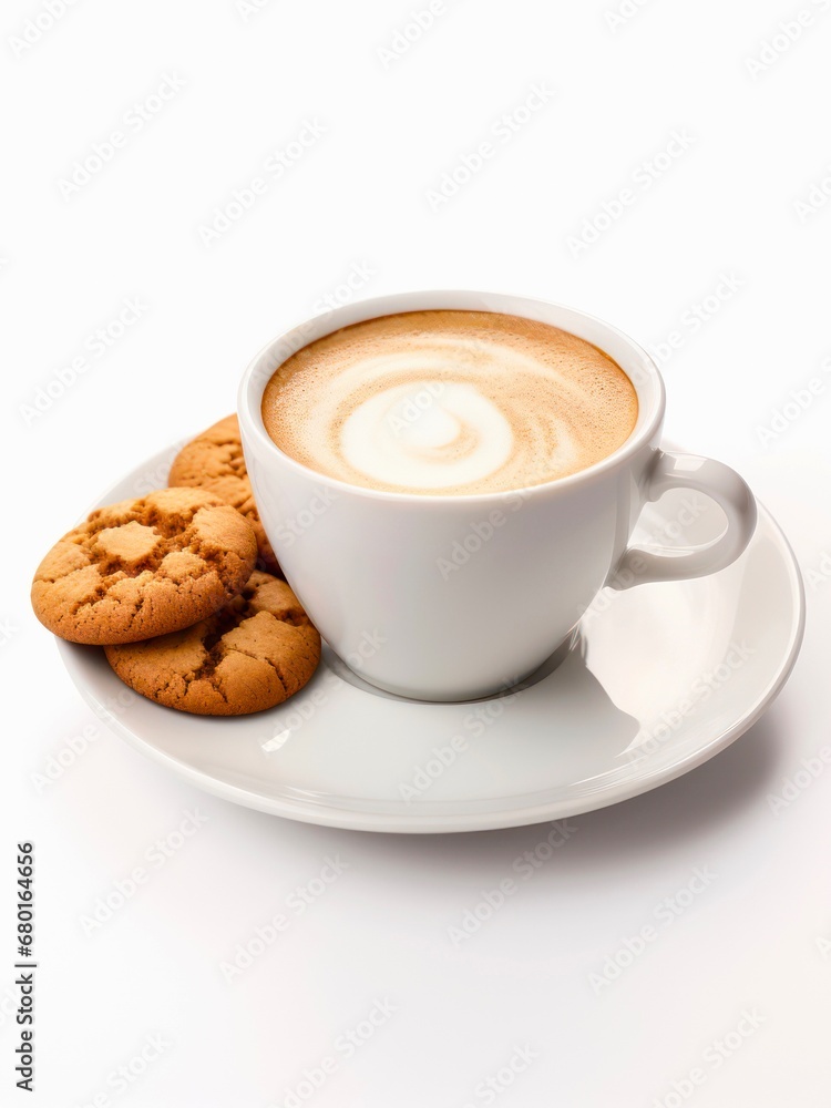 Cup of cappuccino and cookies on white background. Cup of cappuccino and cookies on white background.