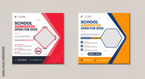 School admission social media post banner design. back to school social media post banner design set. Back to school admission promotion banner. school admission template for social media ad.
