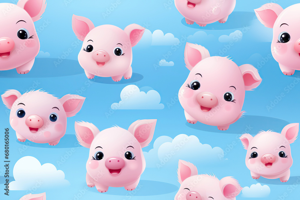 seamless pattern with cute pink piglets pig piggy on blue sky background with clouds