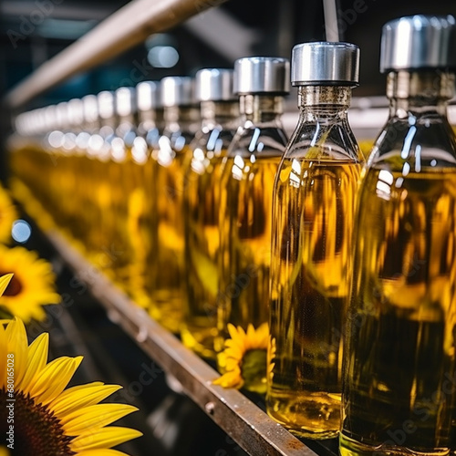 Factory conveyor line filling bottles with sunflower and vegetable oil in close up  sharpness  extreme detail  8K resolution  ultra high quality created with Generative Ai