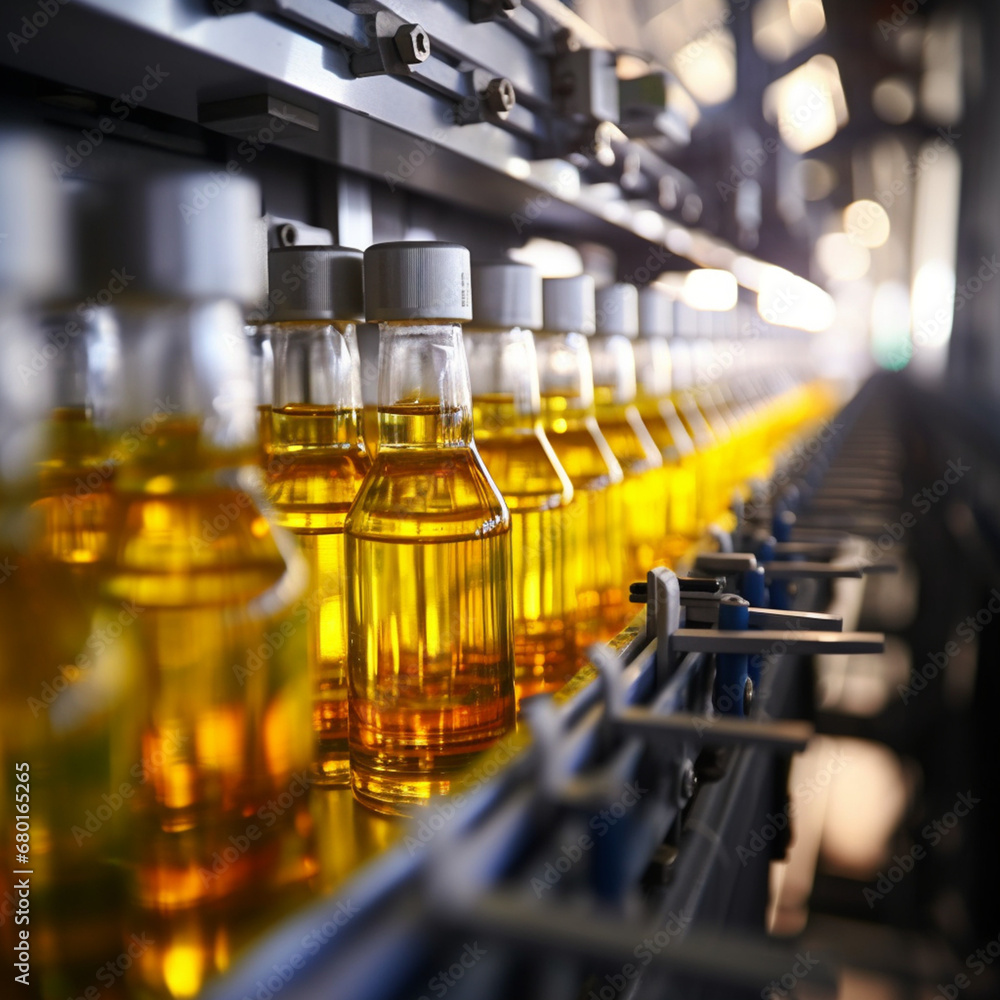 Factory conveyor line filling bottles with sunflower and vegetable oil in close up, sharpness, extreme detail, 8K resolution, ultra high quality created with Generative Ai Factory conveyor line filling bottles with sunflower and vegetable oil in close up, sharpness, extreme detail, 8K resolution, ultra high quality created with Generative Ai