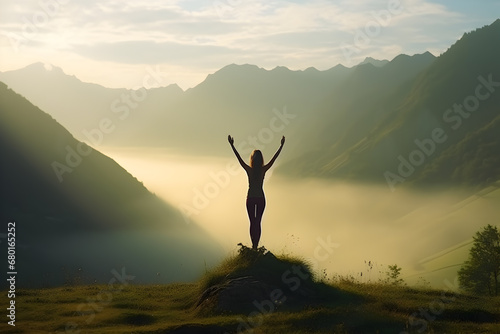 Silhouette of a Person with Raised Arms in a Misty Mountain Landscape