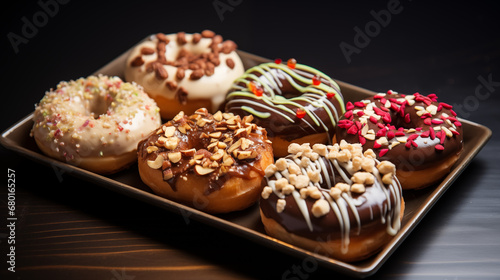 donuts with dark and white chocolate with nut topping 
