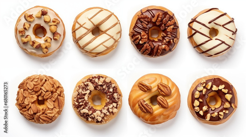 top view set of dark and white chocolate with nuts donuts