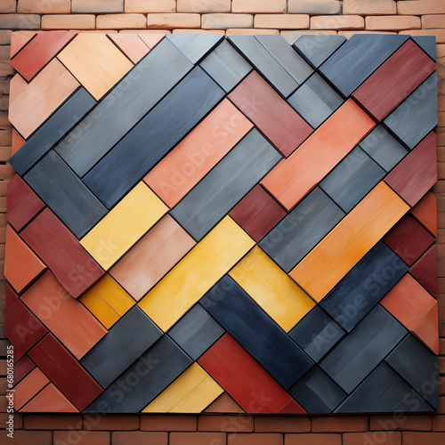 wooden tiles colorful painted as decoration on a brick wall, textured background