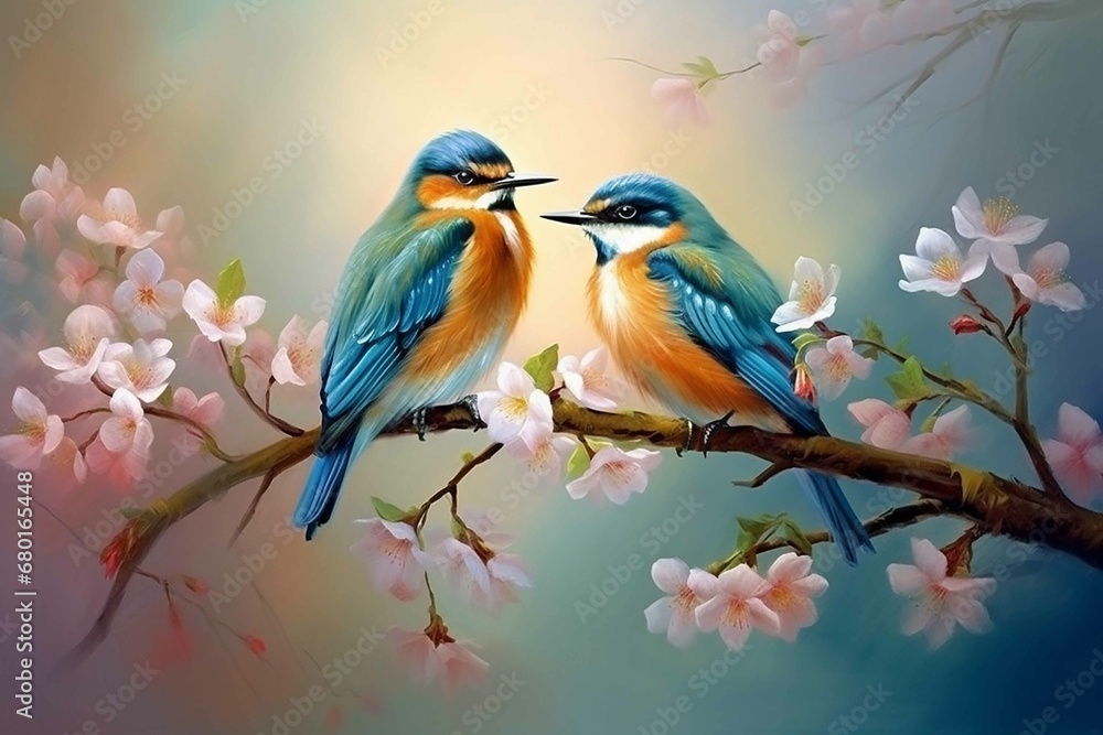 Moment of tenderness between a pair of birds,Two birds in love on a flowering branch (robins)