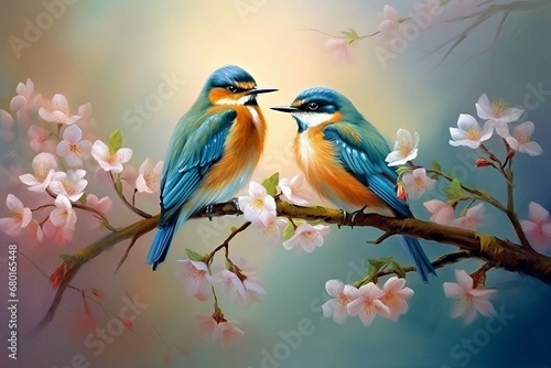 Moment of tenderness between a pair of birds,Two birds in love on a flowering branch (robins) © MaxSimplify