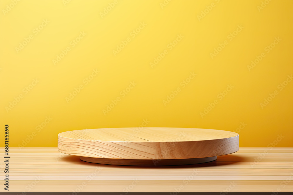 Empty wooden log on wooden table with yellow background Empty wooden log on wooden table with yellow background
