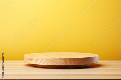 Empty wooden log on wooden table with yellow background