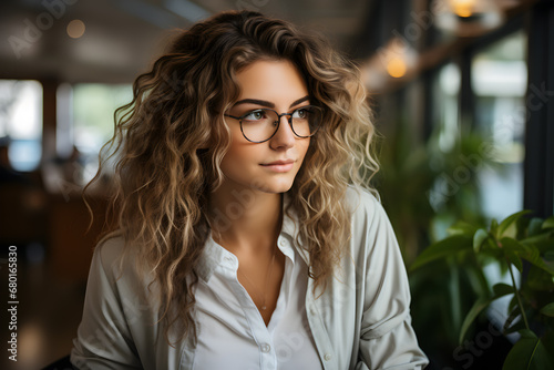 Young adult woman with curly brown hair and glasses. © gographic