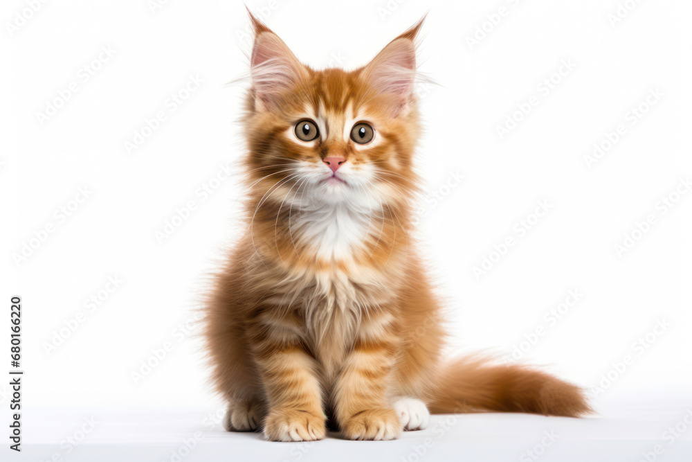 Little ginger red Maine coon kitten. Portrait on a white background.