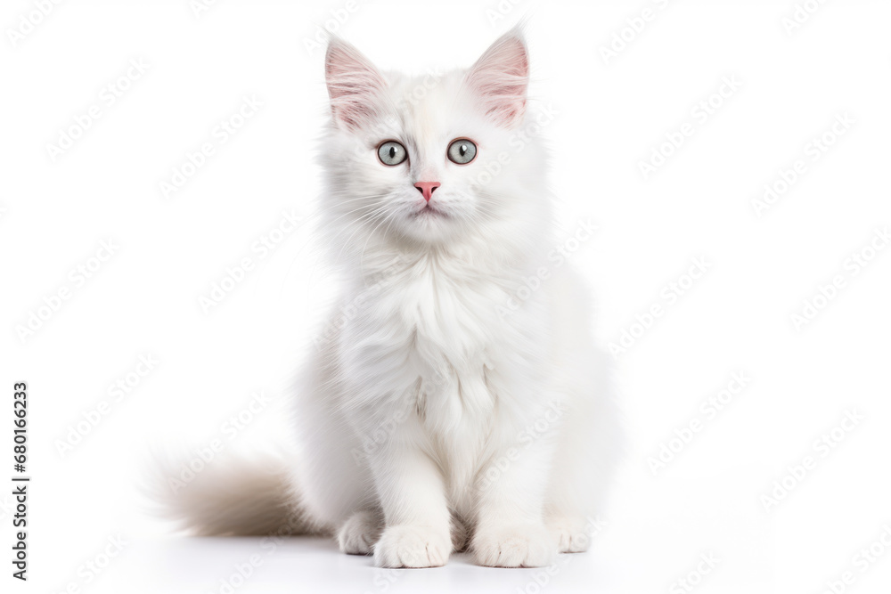 Kitten with blue eyes and white fur color against a white backdrop.