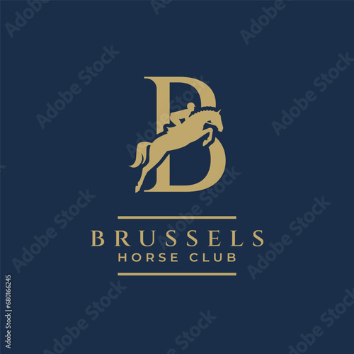Elegant luxury letter B monogram horse jumping logo, letter B horse logo, show jumping horse logo, logo type, typography