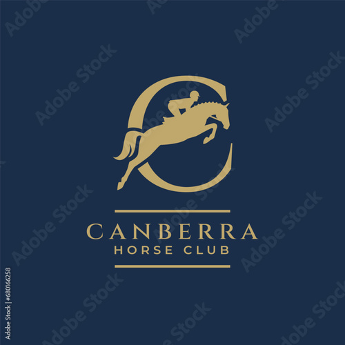 Elegant luxury letter C monogram horse jumping logo, letter C horse logo, show jumping horse logo, logo type, typography