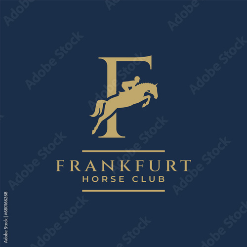 Elegant luxury letter F monogram horse jumping logo, letter F horse logo, show jumping horse logo, logo type, typography