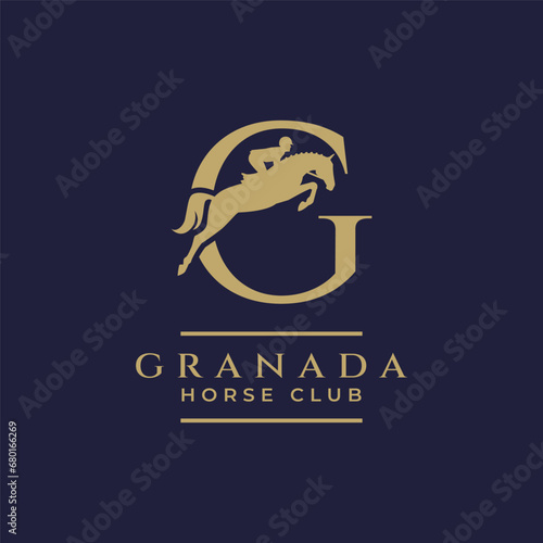 Elegant luxury letter G monogram horse jumping logo, letter G horse logo, show jumping horse logo, logo type, typography