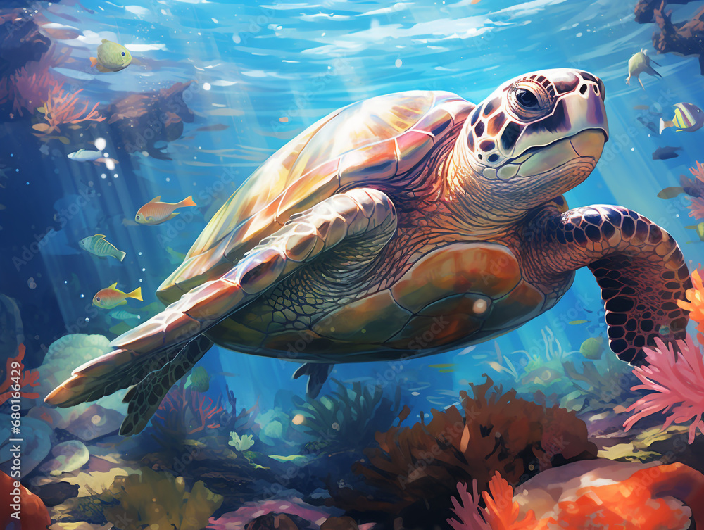 Illustration of a turtle swimming in the coral reef. Sunlight from above warm colors. Surrounded by other sea life.
Illustration of a turtle swimming in the coral reef. Sunlight from above warm colors. Surrounded by other sea life.