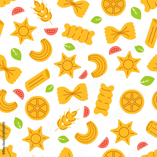 pasta, tomato and basil cartoon seamless pattern, italian food background
