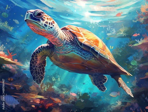 Illustration of a turtle swimming in the coral reef. Sunlight from above warm colors. Surrounded by other sea life.  © Aisyaqilumar
