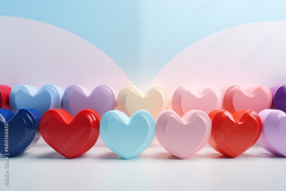 Colorful heart shapes aligned in a row against a dual-tone background, representing themes of love, diversity, and unity, suitable for valentine's day, love and relationship themes