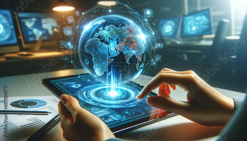 Hand Using Tablet with 3D Holographic Globe Display photo