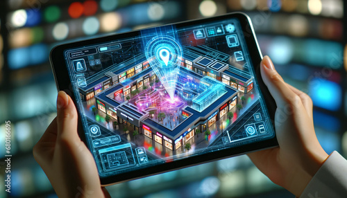 Tablet Displaying Holographic 3D Shopping Mall Map
