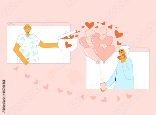 Senior couple virtual dating. Valentine's Day gift exchange.