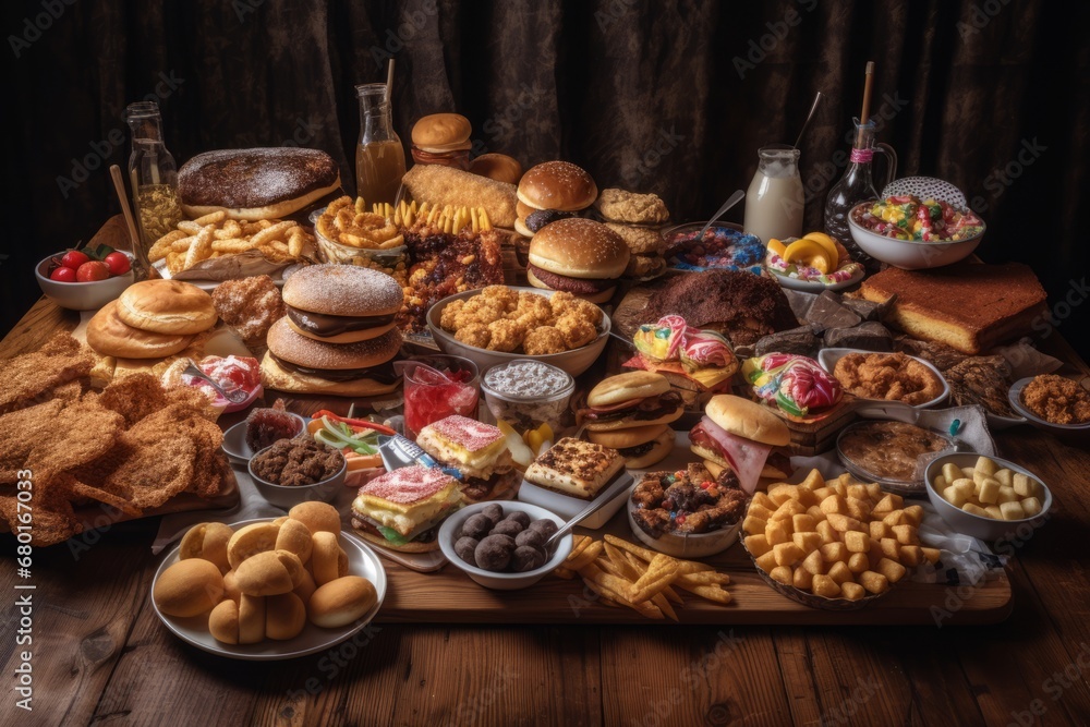 Table full of unhealthy junk food – burgers, chips, potato, white bread, flatbread, snacks and soda drinks. Table full of unhealthy junk food – burgers, chips, potato, white bread, flatbread, snacks and soda drinks.